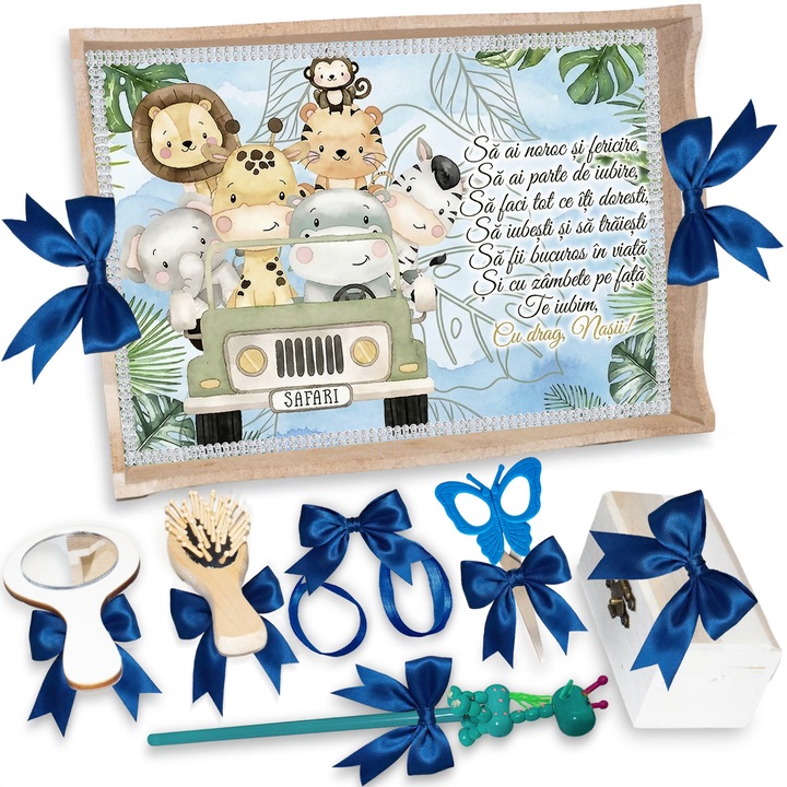 Set Tava pentru Taiere Mot si Rupere Turta Complet cu Accesorii Lorebebe pentru baieti, 7 Piese, Tavita Mot, Model Safari, 32x24 cm, Prima Aniversare Un An, Cadou Un An, Albastru