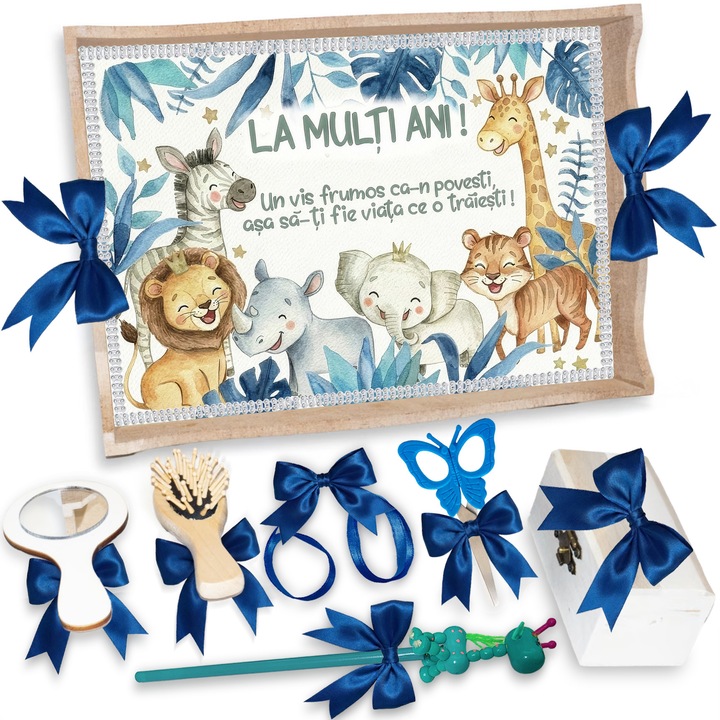 Set Tava pentru Taiere Mot si Rupere Turta Complet cu Accesorii Lorebebe pentru baieti, 7 Piese, Tavita Mot, Model LMA Safari, 32x24 cm, Prima Aniversare Un An, Cadou Un An, Albastru