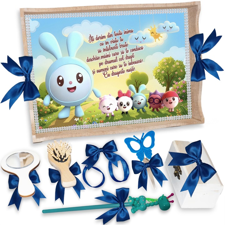 Set Tava pentru Taiere Mot si Rupere Turta Complet cu Accesorii Lorebebe pentru baieti, 7 Piese, Tavita Mot, Model Riki si Prietenii, 32x24 cm, Prima Aniversare Un An, Cadou Un An, Albastru