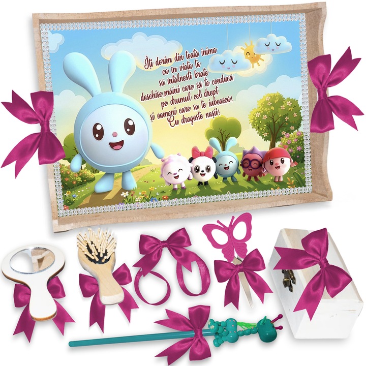 Set Tava pentru Taiere Mot si Rupere Turta Complet cu Accesorii Lorebebe pentru fete, 7 Piese, Tavita Mot, Model Riki si Prietenii, 32x24 cm, Prima Aniversare Un An, Cadou Un An, Roz