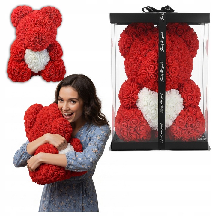 Ursuleț din trandafiri de spumă, Volan, XXL 40cm, roșu cu inimă albă, Cadou cu cutie decorativă inclusă