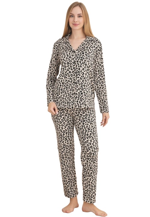 Pijama Dama Premium Uramag, Nasturi, Lunga, 2 piese, Bej | Negru