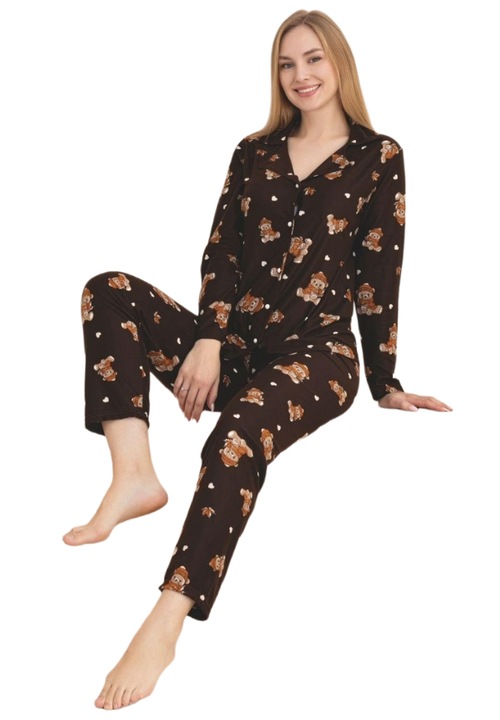 Pijama Dama Premium Uramag, Nasturi, Lunga, 2 piese, Maro