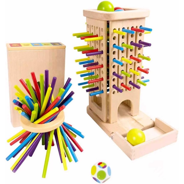 Joc de tabla pentru copii 4 in 1 din lemn, sortare & stivuire, cartile, numarare, turn cu bile, joc de familie copii si adulti, Jucarie STEM Montessori 3-8 ani fete si baieti