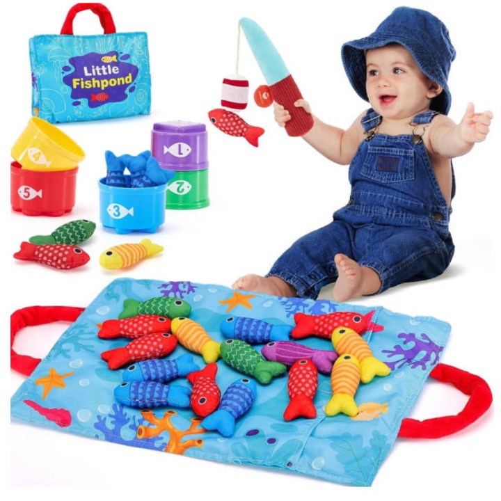 Jucarie Educativa Montessori pentru Copii - Set de Pescuit cu Pestisori din Material Textil, Undita, Recipiente cu Numere si - Joc Interactiv pentru Dezvoltarea Indemanarii