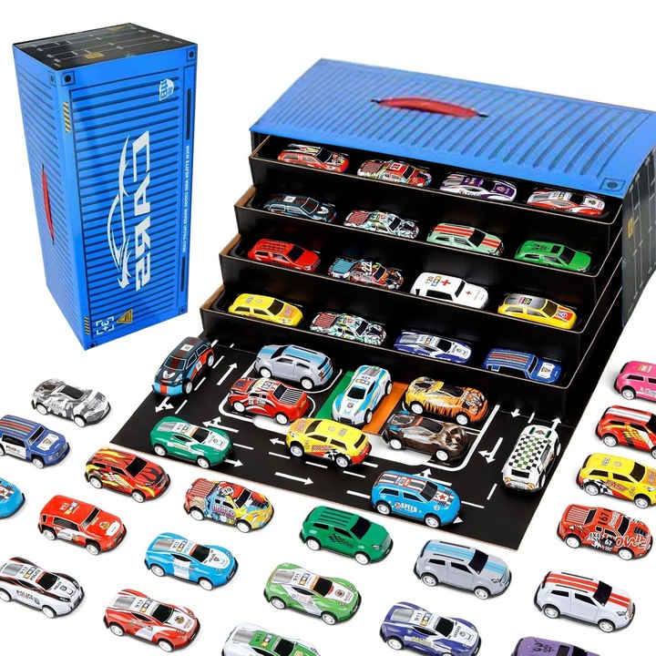 Asskanaer 48 db-os visszahúzható autókészlet, várostérkép, tárolódoboz, kék, 6.5x3x2.3cm