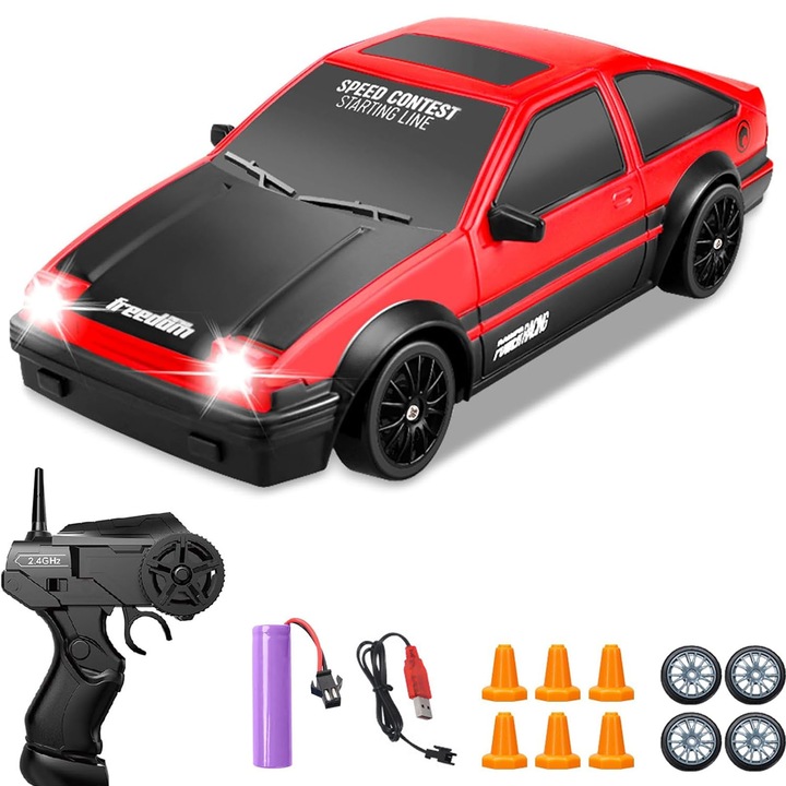 Masina cu telecomanda Asskanaer, 15 km/h, 4WD, Rosu, 18x8.5x5.5cm, Baterie reincarcabila