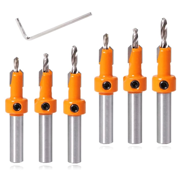 Set 6 burghie pentru lemn, Yakumuz, 8mm, 2 dimensiuni de countersink, 2.8mm-3.2mm