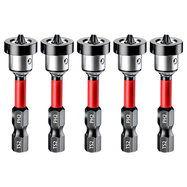 Set 5 bucati biti de suruburi PH2 pentru gips-carton, Yakumuz, 50mm, design magnetic, sant hexagonal 1/4"