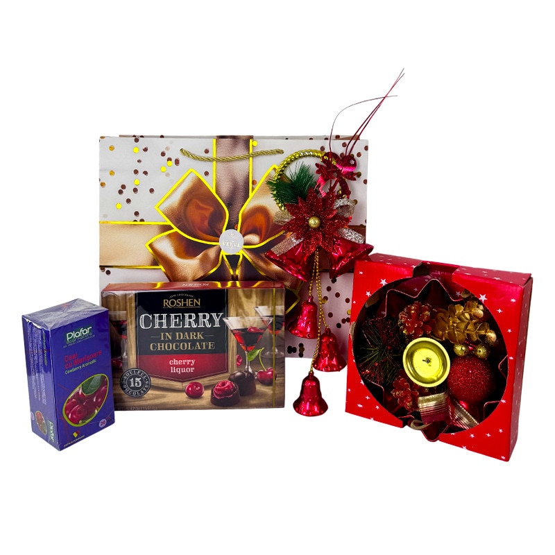 Pachet Christmas Delight, cu praline Roshen Cherry, cutie ceai