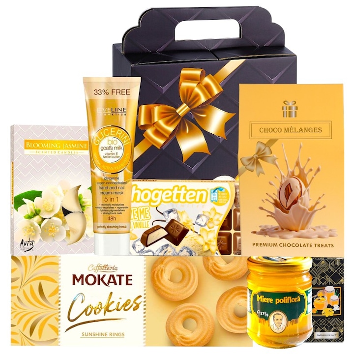 Set cadou premium pentru femei cu miere, dulciuri fine, migdale glazurate, crema hidratanta si lumanari parfumate, ambalaj festiv de lux - potrivit pentru Craciun, 8 Martie sau Aniversare - Sweet Shine by CADOURI RAFINATE ®