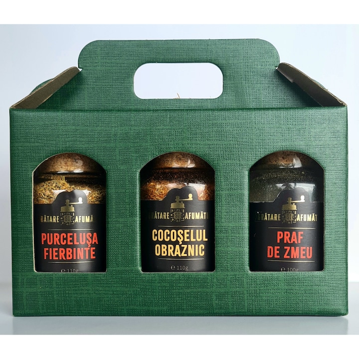 Cadou set 3 mixuri de condimente pentru carne de porc/afumaturi/pui/rata/vita, Purcelusa Fierbinte 110g/Cocoselul Obraznic 110g/Praf de Zmeu 100g, Rub/Marinada uscata