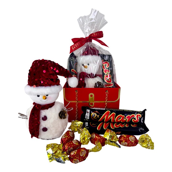 Pachet Secret Santa pentru copii, cu om de zapada si dulciuri, in punga cadou, Velve