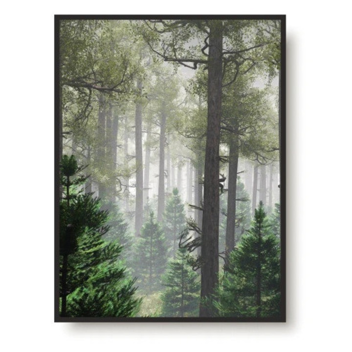 Tablou decorativ, Naklejkomania, Las Drzewa, 70x100cm, rama neagra din aluminiu, design minimalist