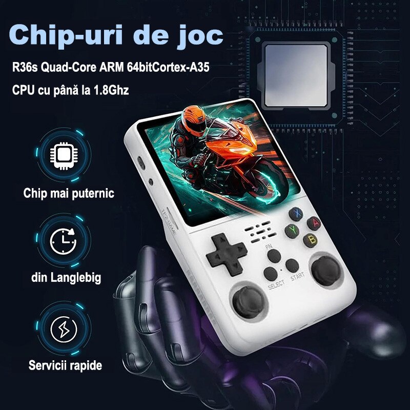 Consola portabila Omelivon R36S, 3,5 inch, alb, 64GB, 20.000 jocuri