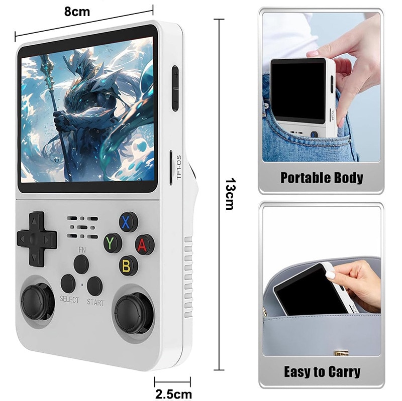 Consola portabila Omelivon R36S, 3,5 inch, alb, 64GB, 20.000 jocuri