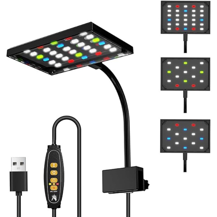 Lampa LED pentru acvariu, Duueyct, 3 moduri de iluminat, Suport reglabil la 360°, temporizator, 10 niveluri de ajustare a luminozitatii, culori multiple, 13mm, Negru
