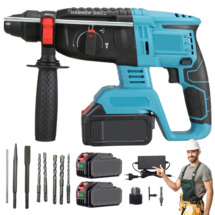 Ciocan rotopercutor Juksun, 550W, 2 acumulatori 1300mAh, 10 accesorii, 340x220mm, negru-galben-silver