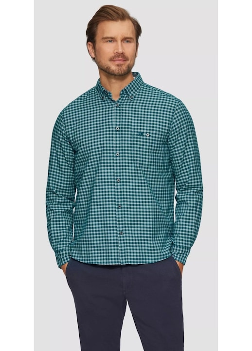 S.Oliver Camasa barbati cu buzunar, guler cu nasturi si imprimeu in carouri, Verde, Verde