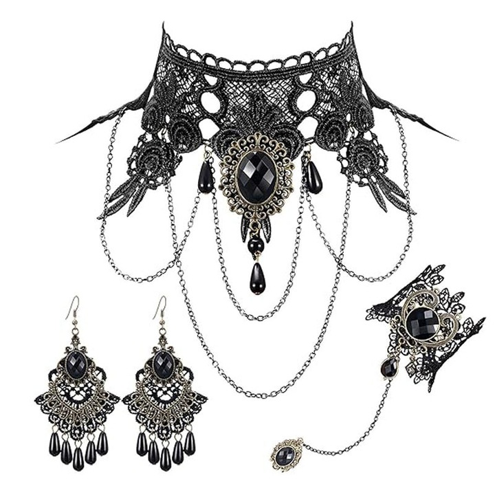 Комплект бижута от черна дантела, колие, обеци и гривна, ръчна изработка, 11.5 инча, 5.8 инча регулируема, Omelivon