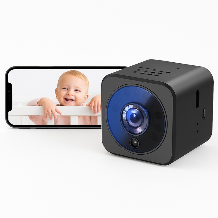 Бебефон, безжичен, Full HD 1080p, 180° ъгъл, бебефон с инфрачервено нощно виждане, видео/аудио, бебешка камера със сензор за движение и аларма, двупосочен звук, стойка за монтаж, USB кабел, черен