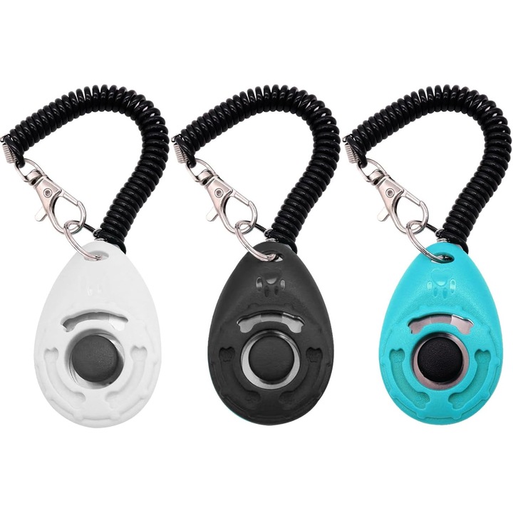 Кликер за дресировка на кучета, комплект от 3 части, черно, бяло и светлосиньо