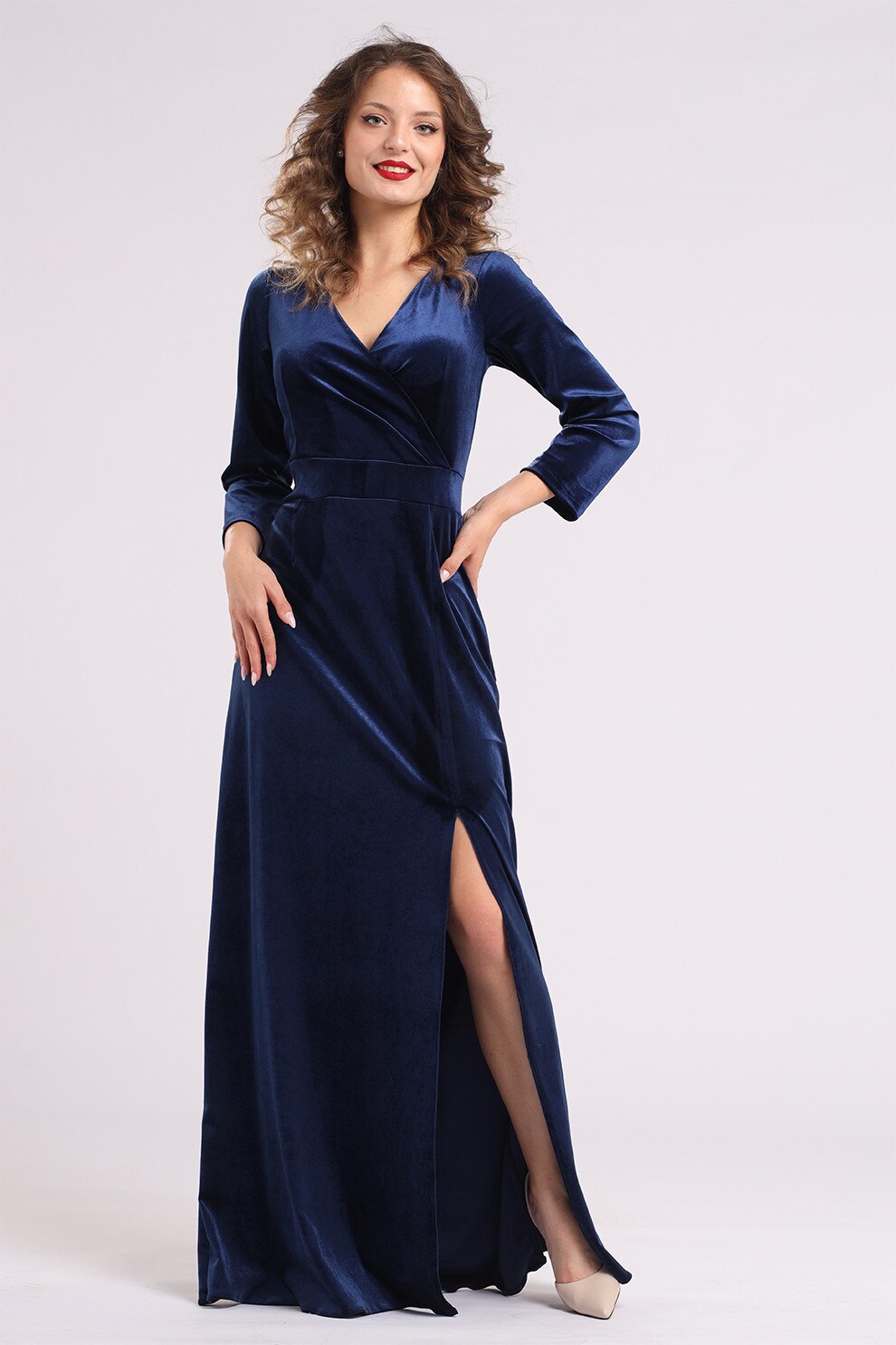 Camissi, Rochie lunga din catifea cu slit lateral, Bleumarin, L-XL