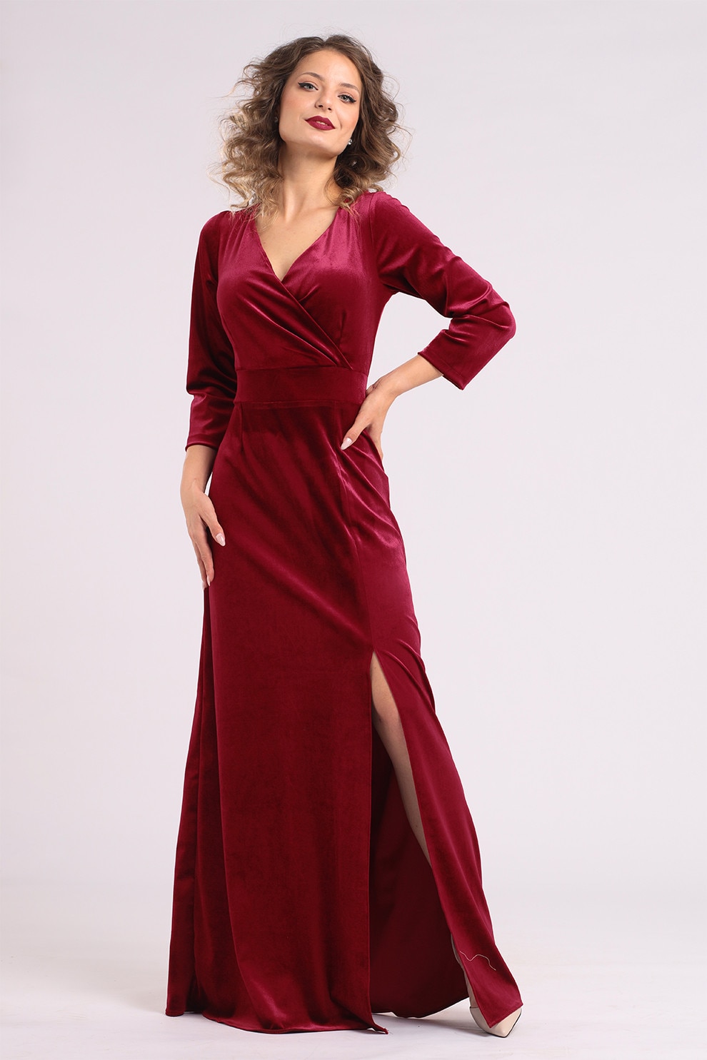 Camissi, Rochie lunga din catifea cu slit lateral, Visiniu, L-XL
