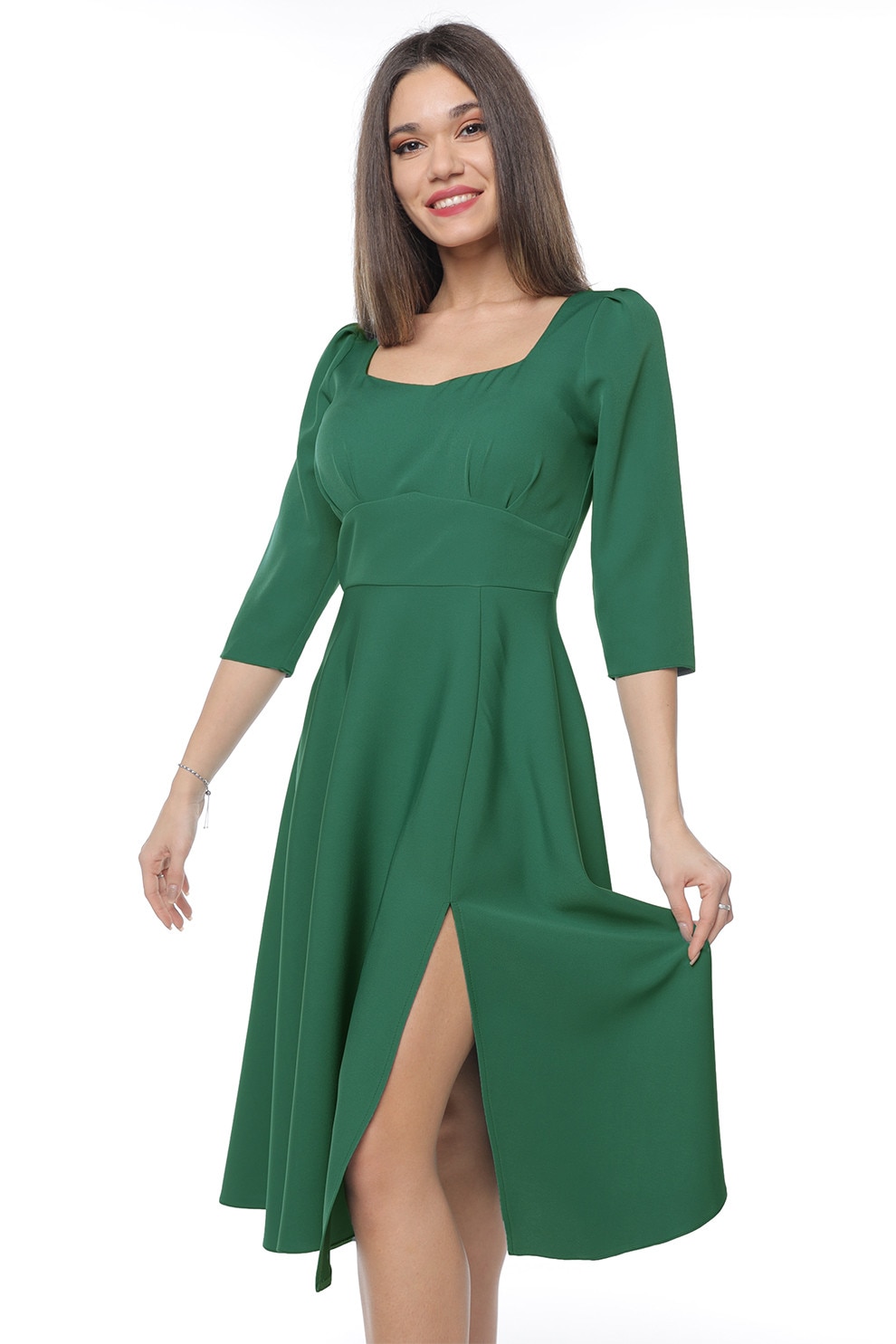 CAMISSI, Rochie midi cu slit lateral, Verde, S