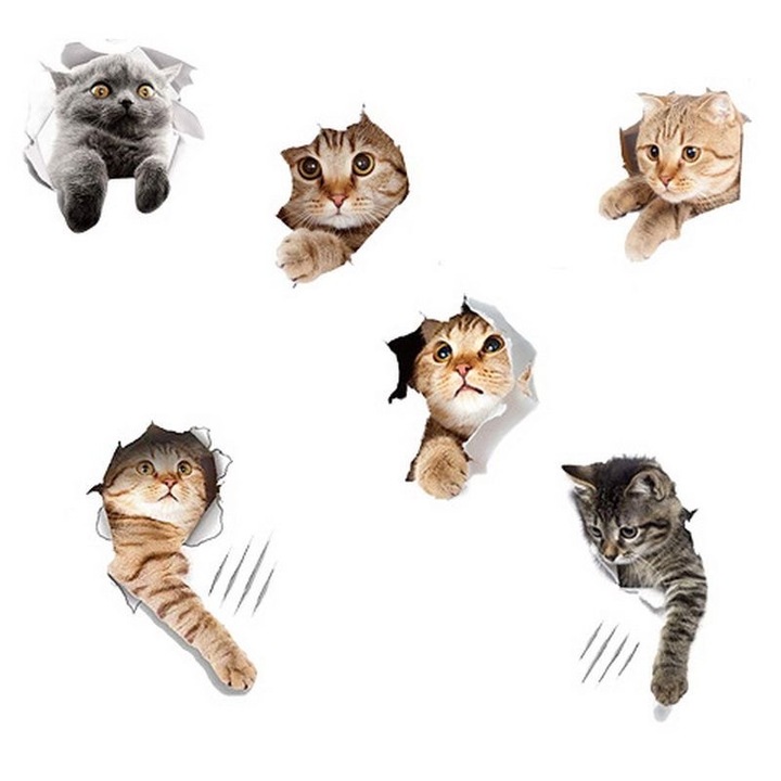 Set Stickere 6 bucati Waterproof Pvc, Pisicute -Autoadezive pentru Decorare Perete, Potrivit pentru decorarea peretilor din living, camera pentru copii, dormitor si baie， Cute Cats