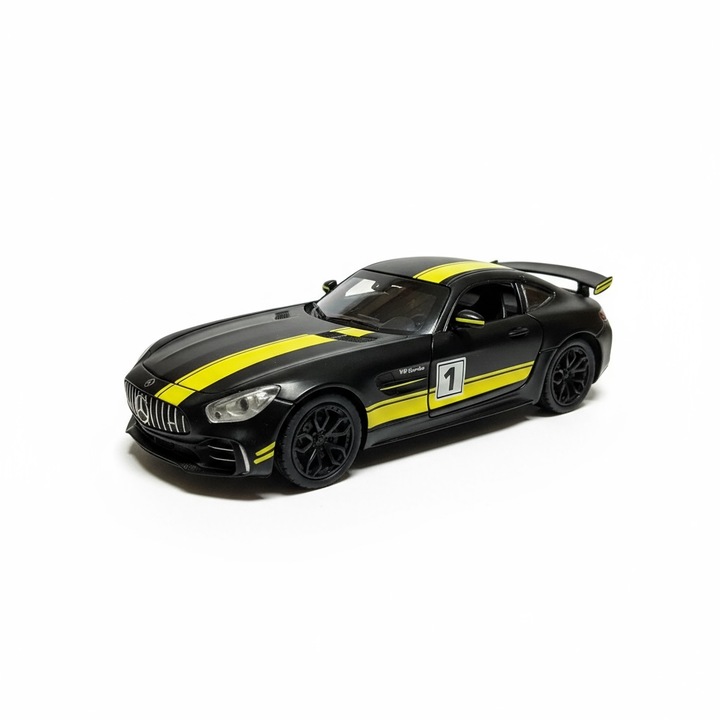 Fém modell Mercedes AMG GT, 1:24, matt fekete, arany vonalakkal, inercia meghajtás, nyitható ajtók