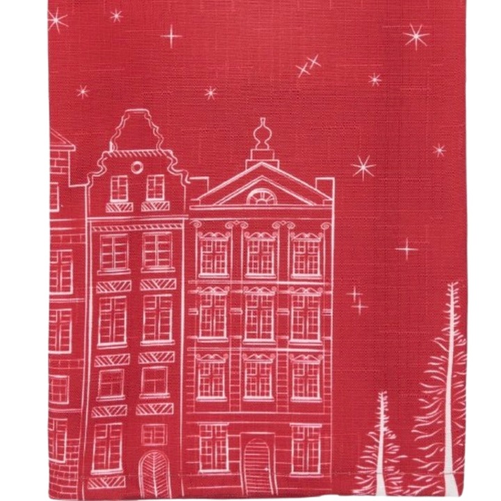 Napron rosu cu motive de sarbatori, fata de masa, decor Craciun, model oras de sarbatoare, case, 150 x 50 cm
