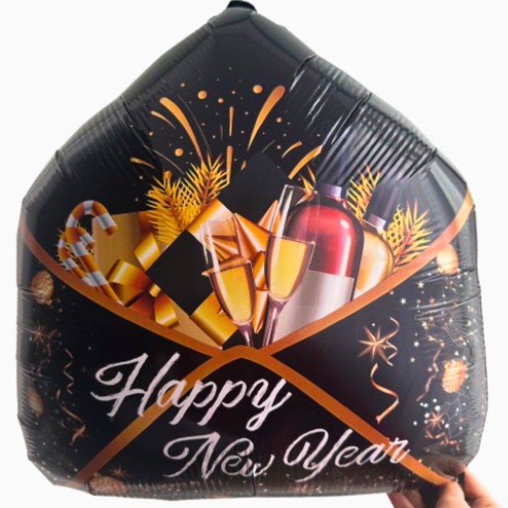 Balon festiv, mesaj Happy new year, Craciun si Anul nou, balon petrecere, balon gonflabil, negru, 53 cm