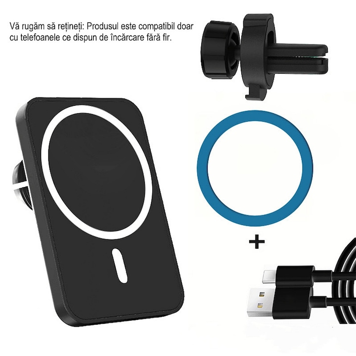Безжична стойка за кола, Стойка за кола с безжично зареждане 15W, Регулируема основа на 360°, Смартфон с пълна поддръжка за безжично зареждане, Стойка за кола Tech-Protect