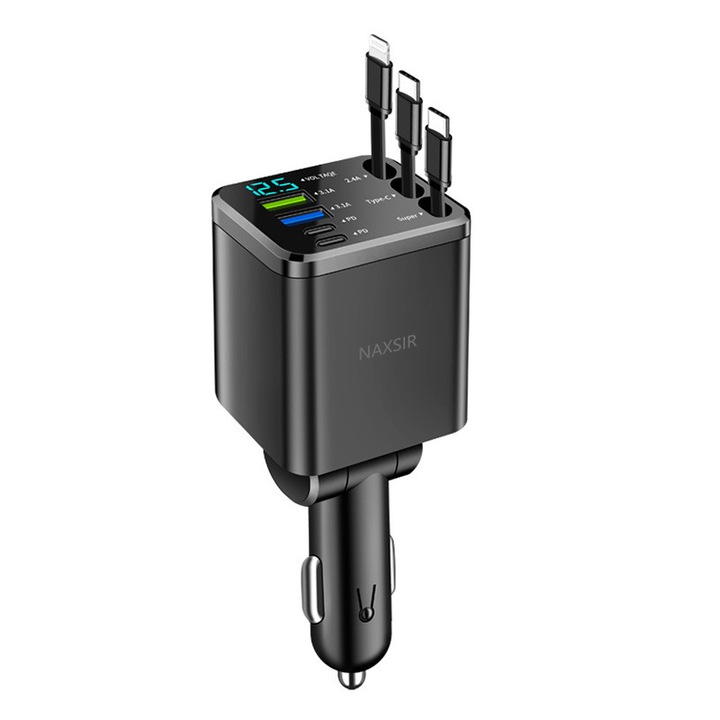 NAXSIR Univerzális autós töltő 7 az 1-ben, 2 x visszahúzható C típusú kábel, 1 x visszahúzható Apple kábel, 2 x C típusú port, 2 x USB port, 180 fokos állítás, LED kijelző, Fekete