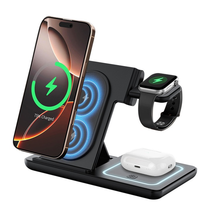 Incarcator Wireless Magnetic 3-in-1, incarcator birou, set incarcator telefon, Dissefa-tech, 15W, pentru Telefon, Ceas Smart si Casti Bluetooth, Incarcare Simultana, Ideal pentru Birou si Calatorii