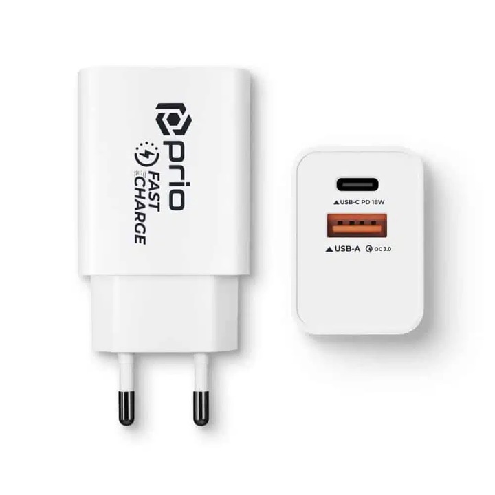 Incarcator priza Prio Fast Charge Wall Charger 18W PD (USB C)+ QC 3.0 (USB A), Alb