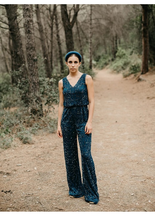 Salopeta eleganta femei, margele si paiete brodate manual, culoare albastru inchis, Bleumarin