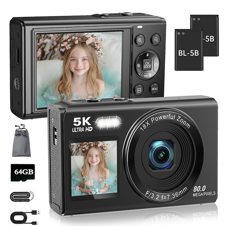 Camera video 5K, JESWO, 80MP, ecran dual cu lumina de umplere, negru, set complet cu 2 baterii si card de 64GB