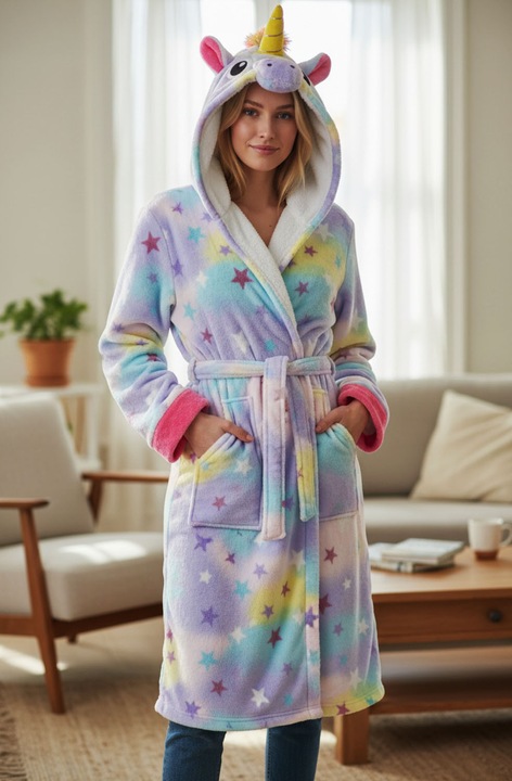 Дамски халат коколино, модел Еднорог, с качулка със забавни апликации, Тюркоаз