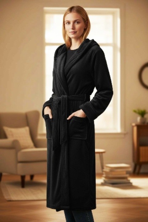 Halat dama welsoft polar Premium, lung, StarFashion, cu gluga si buzunare, Negru