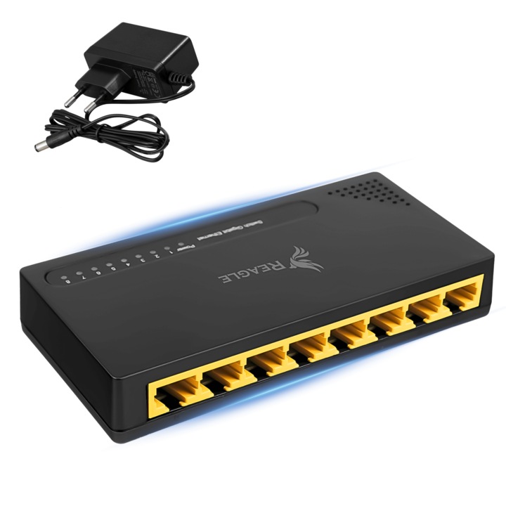 Lan Switch 8 Porturi Gigabit Ethernet Rj45 1000 Mb Pentru Internet Reagle