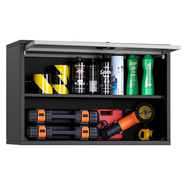 Dulap metalic de perete pentru scule, Dulap suspendat, Marime 77 x 30, 5 x 50 cm, Usa rabatabila, Raft inclus, Capacitate 108, 9 kg, Pentru garaj/subsol/depozit