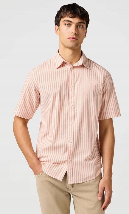 Férfi ing, Wrangler, SS Shirt, rózsaszín csíkos, normál fazonú, pamut, ekrü