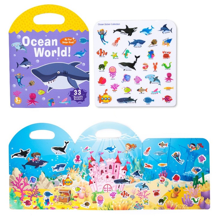 Carte educationala cu autocolante pentru copii, SuooTci, set, tema Ocean World, 307x233mm