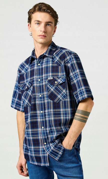Camasa barbati, Wrangler, SS WESTERN SHIRT, 2 buzunare, albastru, bumbac, M INTL