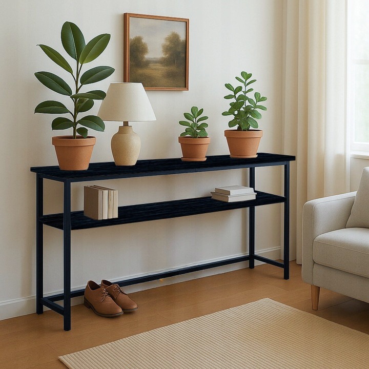 Konzol, Két szintes polc, Homedesign, Stabil fémkeret, Természetes fa színű felső rész/polcok, Szerelési Elemek, 100x20x102 cm, Fekete