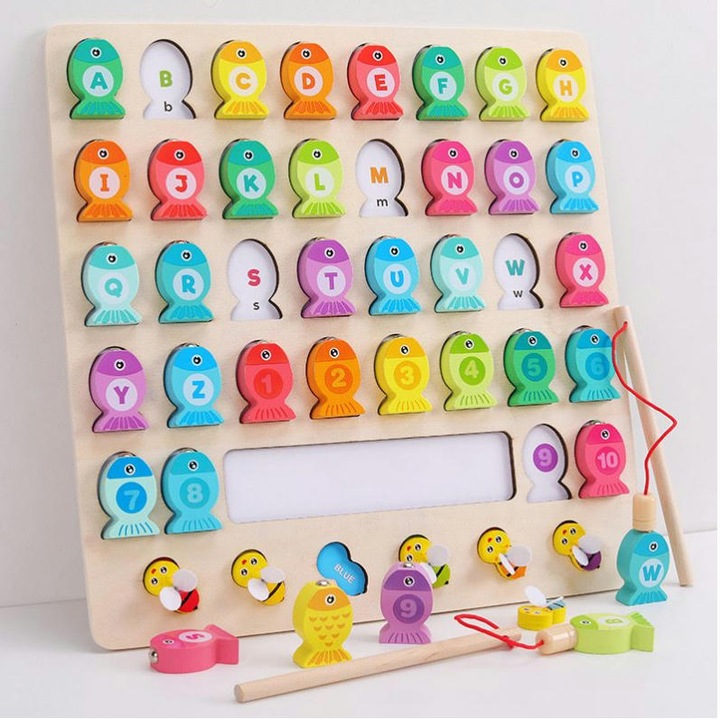 Joc magnetic de pescuit Montessori din lemn, 36 piese, 2 undite, 30x30cm, Alfabet si Albinute