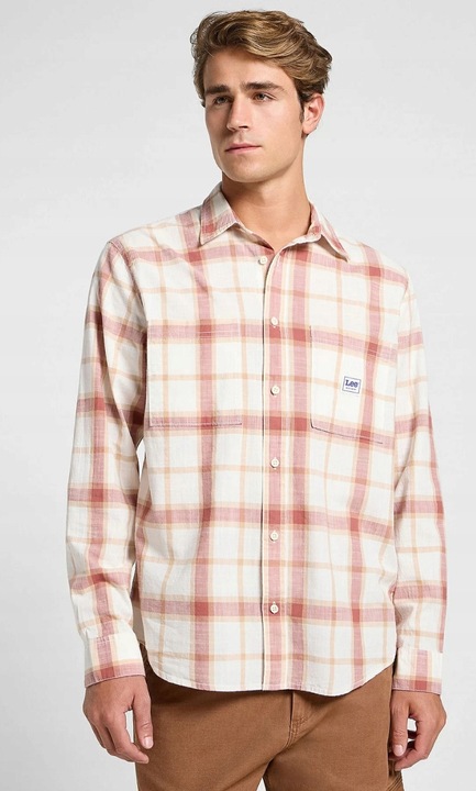 Camasa de lucru Lee 2.0 Relaxed Fit, carouri alb, bej si rosu, bumbac 100%