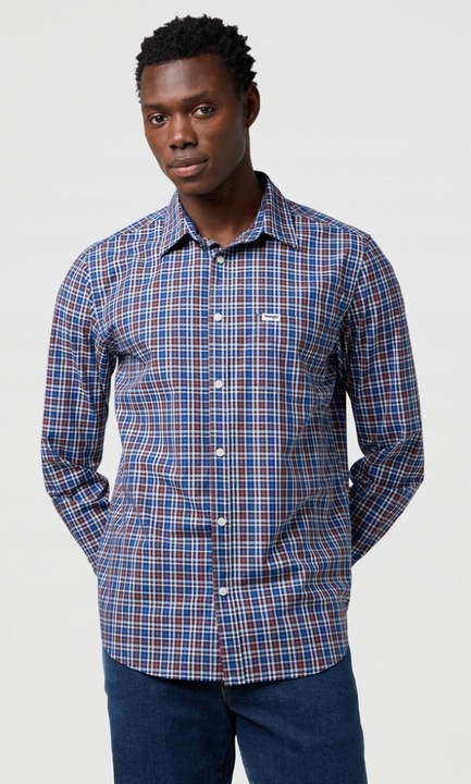 Férfi ing, Wrangler, poplin, kék kockás, pamut, rövid ujjú